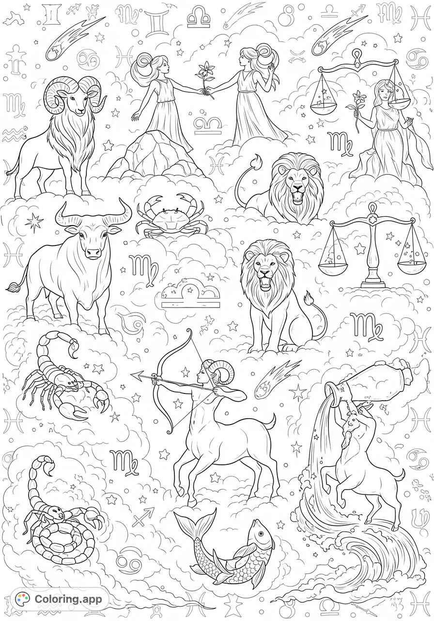 Witness the twelve zodiac creatures, from ram to fish, emerge from a swirling cosmic mist, each with its glowing astrological symbol. A fantastical coloring page.