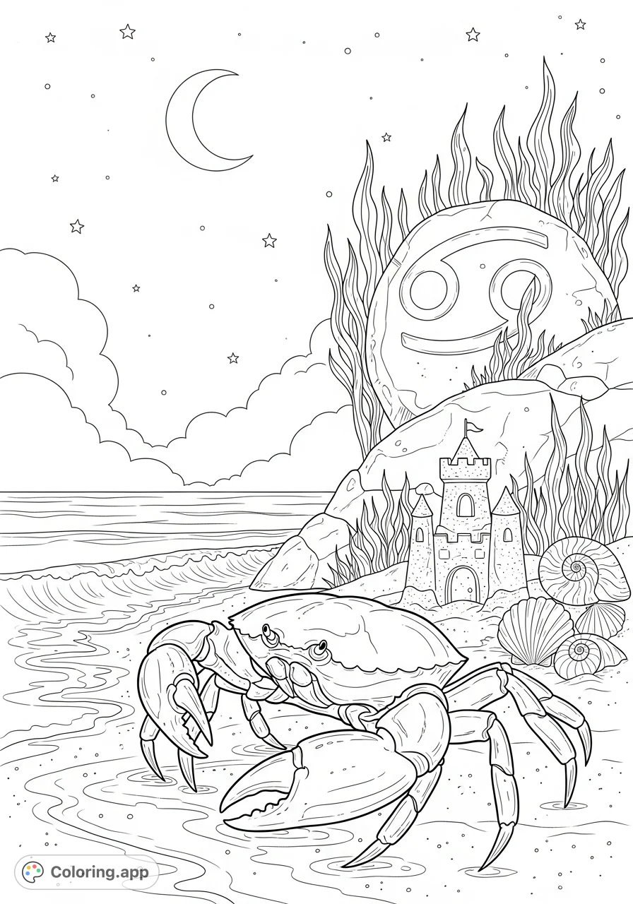 Discover a robust crab on wet sand, guarding an intricate sandcastle with smooth seashells. A weathered rock featuring the ♋ Cancer symbol and a crescent moon complete this peaceful beach scene, perfect for a unique coloring page.