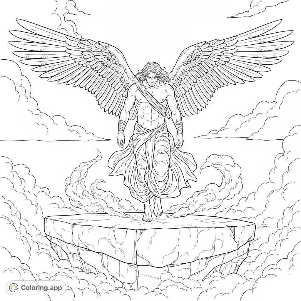 Capture the powerful moment of a majestic angel descending onto an ancient stone altar amidst swirling fog and intricate feathered wings. A captivating fantasy scene.