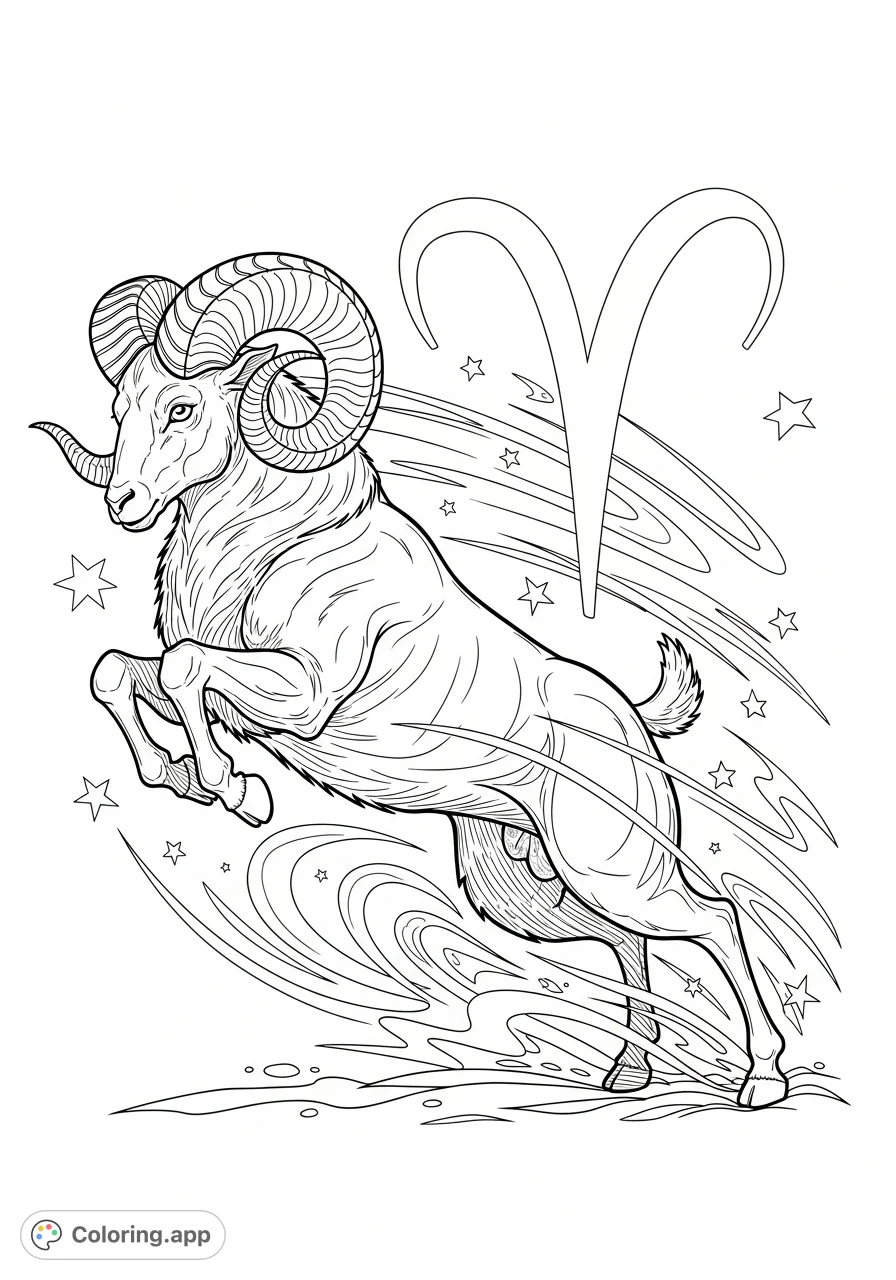 Capture the fiery spirit of Aries with this dynamic ram coloring page! Its powerful form, thrusting horns, and energetic zodiac symbol explode with motion.