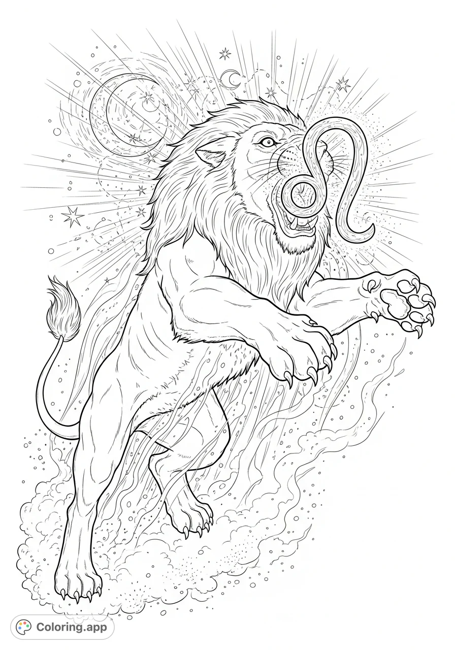 A powerful Leo lion lunges forward, roaring with the ♌ symbol emerging from its maw, set against a cosmic, fiery background with streaks of light and sparks.
