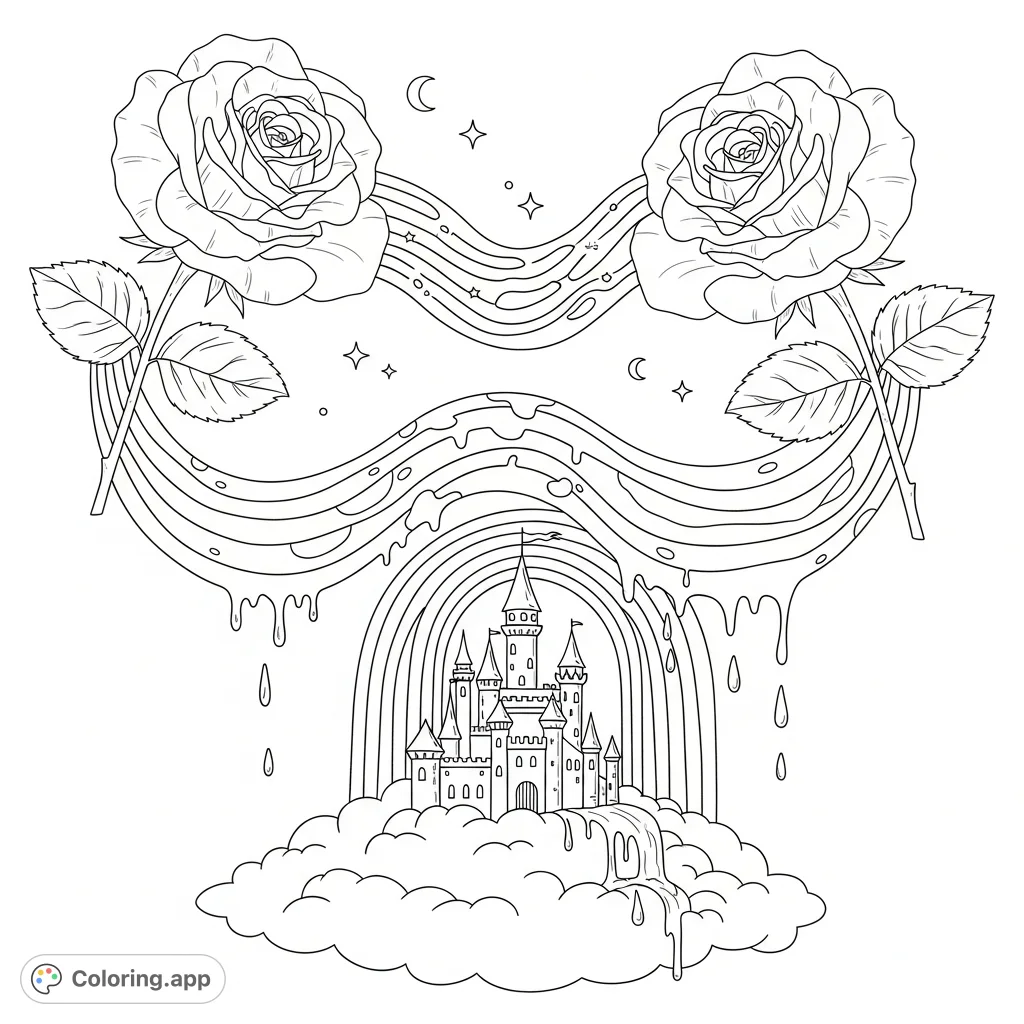 Color a magical scene with a majestic floating castle, giant roses, and a unique wavy, melting rainbow connecting them. A fantasy wonderland awaits!