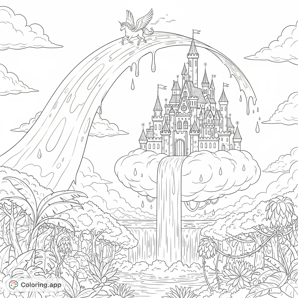 Discover a majestic floating castle above a grand waterfall and lush tropical forest, beneath a wavy, melting sky band. Perfect for imaginative colorists!