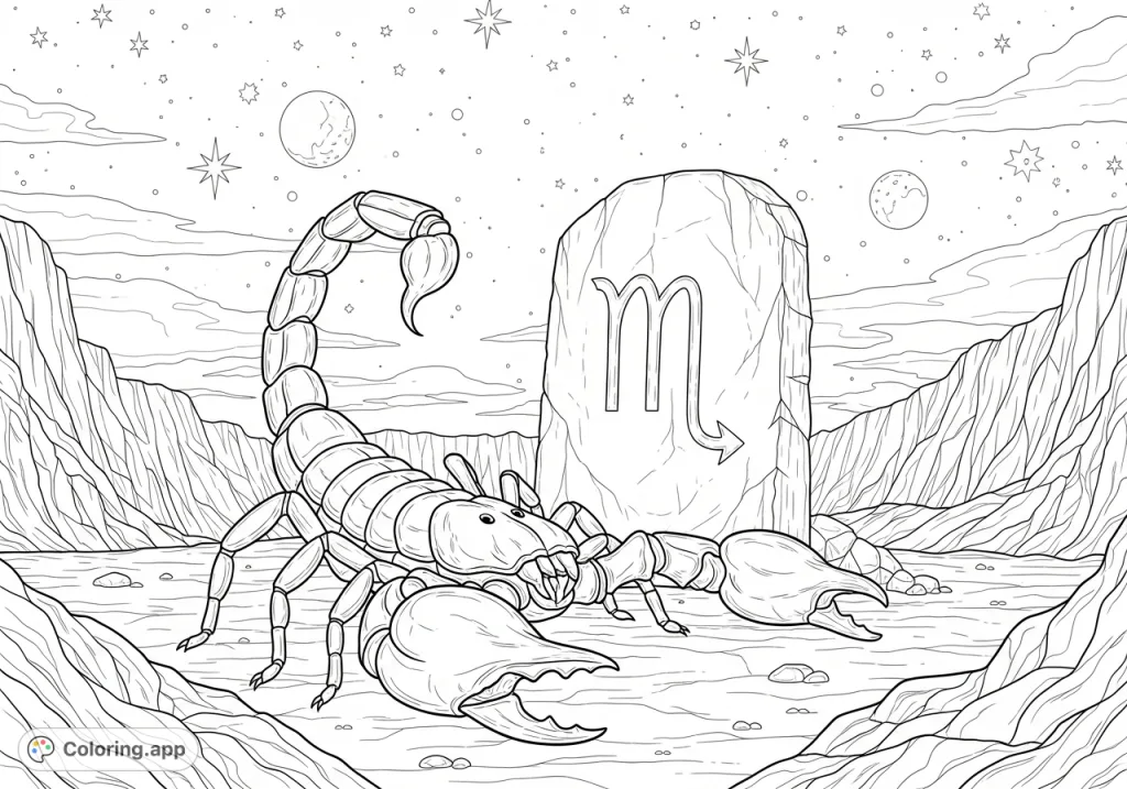 A powerful scorpion with an armored body and raised tail stands prominently in a stark, rocky landscape, a Scorpio symbol etched into a stone monolith behind it.