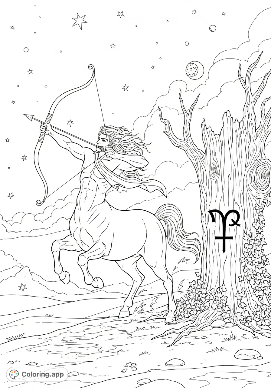 A powerful centaur archer gallops through a windswept landscape, bow drawn, with the iconic Sagittarius symbol etched into a gnarled tree nearby. A dynamic fantasy coloring page.