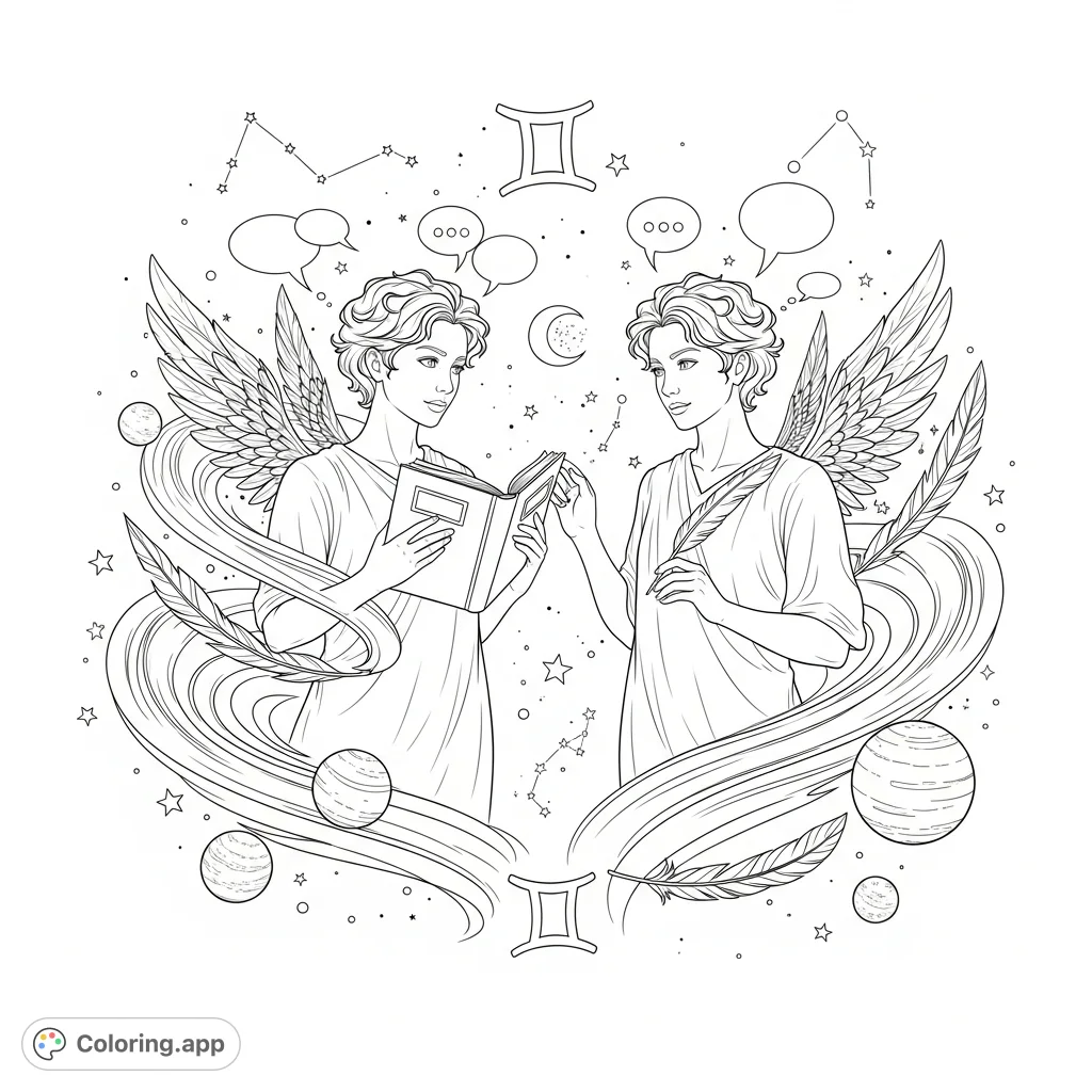 Explore the curious and intellectual world of Gemini with this free printable coloring page featuring two communicative twin figures amidst celestial elements and flowing air.