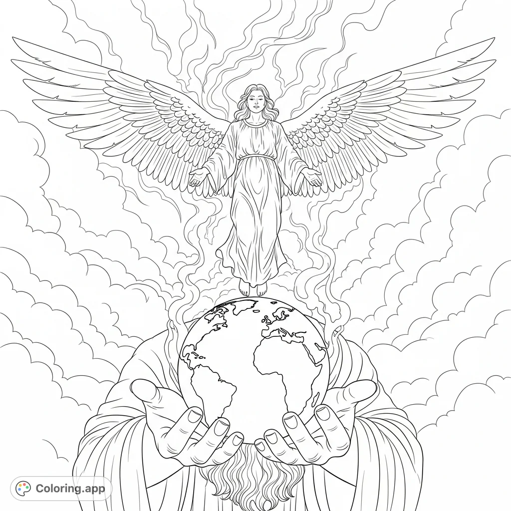 An ethereal God and World coloring page featuring majestic hands cradling the Earth and a detailed angel descending through swirling fog. Perfect for adults.