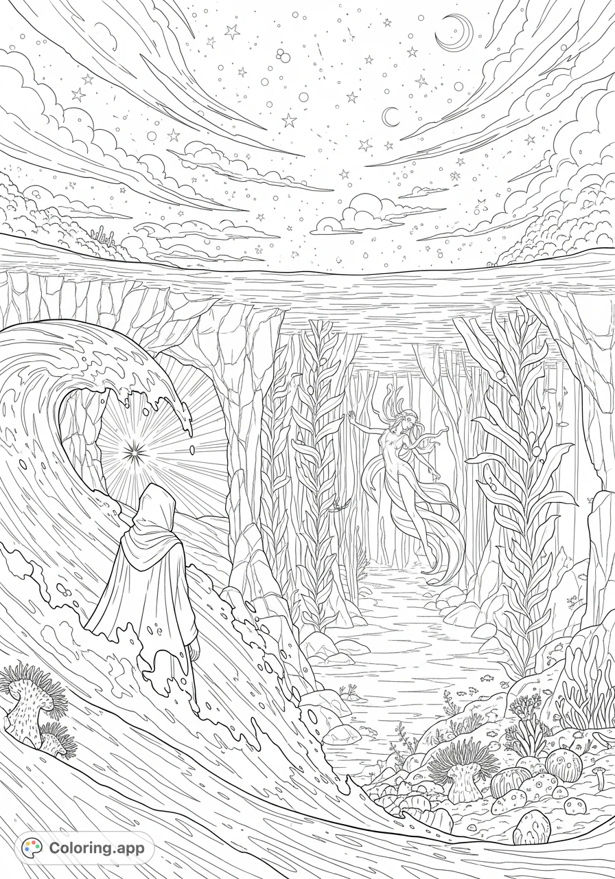 Discover a mysterious underwater grotto with a cloaked figure facing an ethereal entity amidst swirling currents, intricate rocks, and a towering kelp forest.