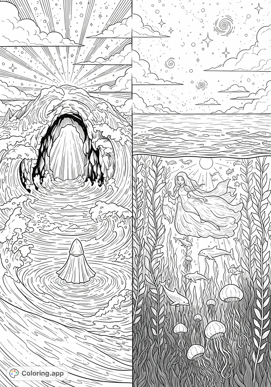 Explore a mysterious underwater grotto with a cloaked figure, turbulent currents, a serene kelp forest, and ethereal beings amidst sunlit ocean depths.