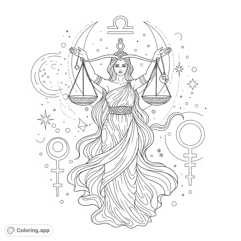 Discover harmony with this Libra coloring page. A serene figure holds balanced scales amidst flowing patterns and celestial elements, inviting creative expression.
