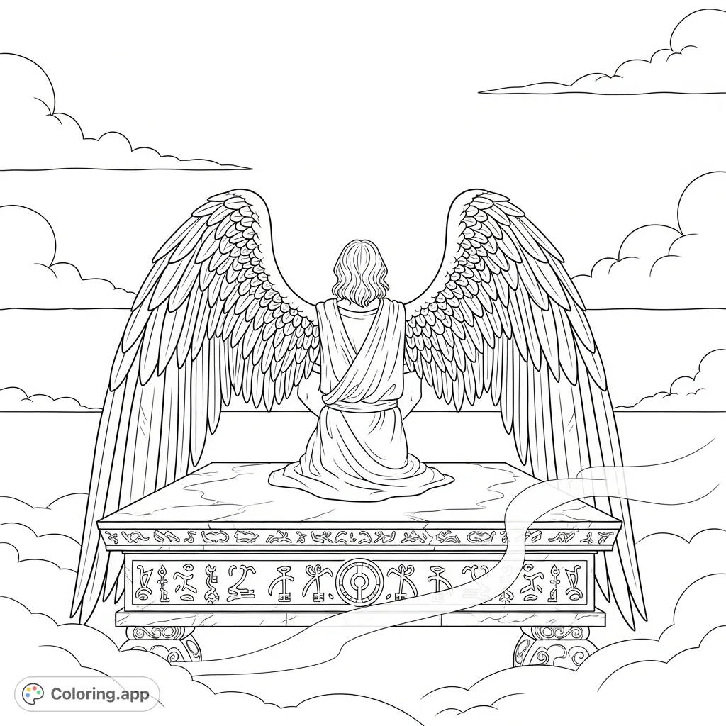 A powerful angel kneels on an ancient stone altar, wings partially folded, contemplating a distant horizon amidst a vast, empty sky and ethereal mist.