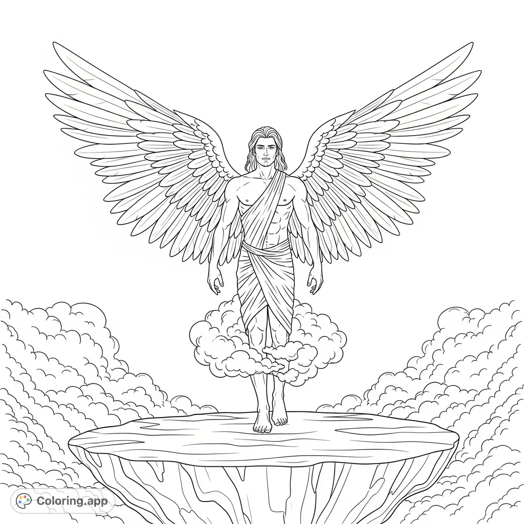 Color a powerful male angel with chiseled features and majestic wings, standing on a polished rock plateau amidst swirling clouds. A captivating fantasy angel coloring page for adults.
