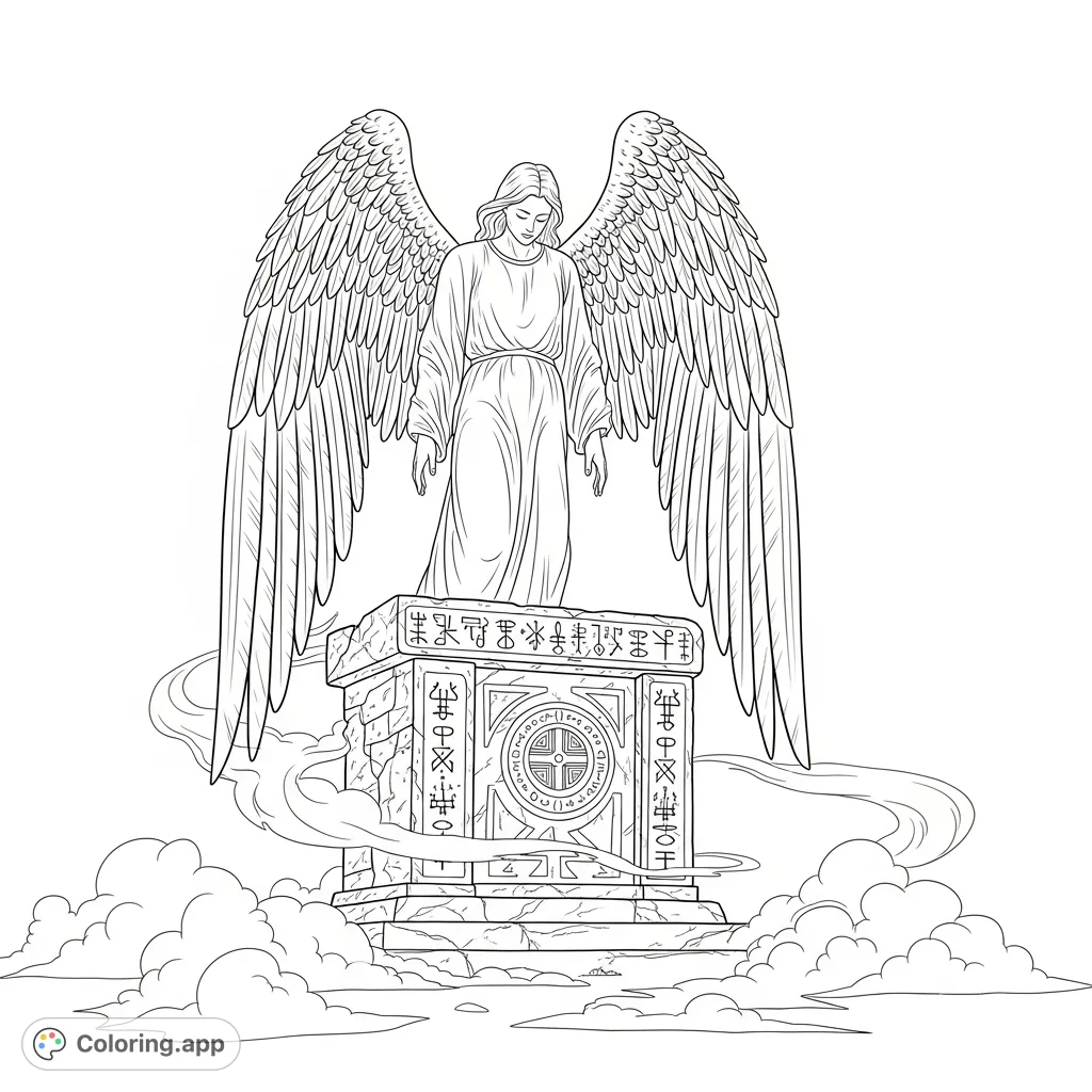 Witness a majestic angel with meticulously feathered wings gracefully descending onto an ancient, carved stone altar amidst swirling ethereal fog. An awe-inspiring celestial scene.