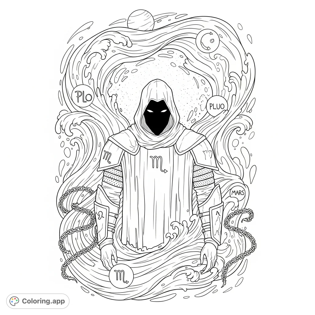 Unleash your creativity with this intricate Scorpio coloring page. A cloaked figure, swirling water, and planetary symbols evoke depth and mystery.