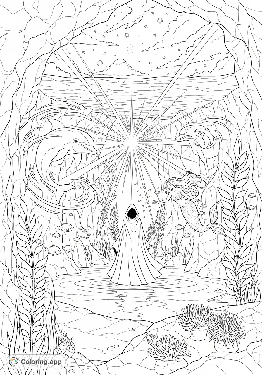 Explore a mystical underwater grotto coloring page featuring a cloaked figure, graceful mermaid, and playful dolphin, all bathed in an ethereal glow.