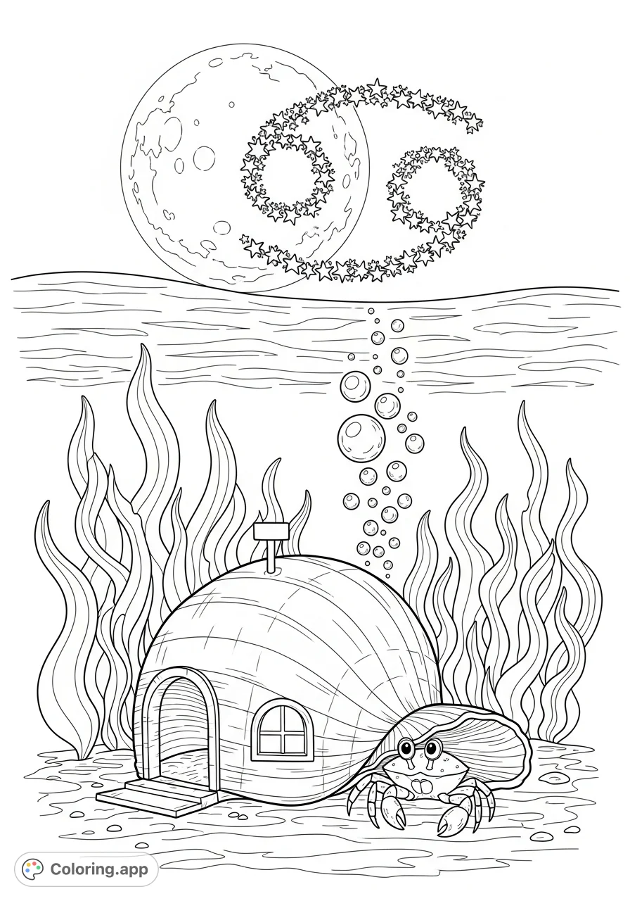 Discover a charming crab peeking from its shell home amidst flowing kelp, with the "♋ Cancer" constellation and a full moon shining through the water. A delightful underwater scene.