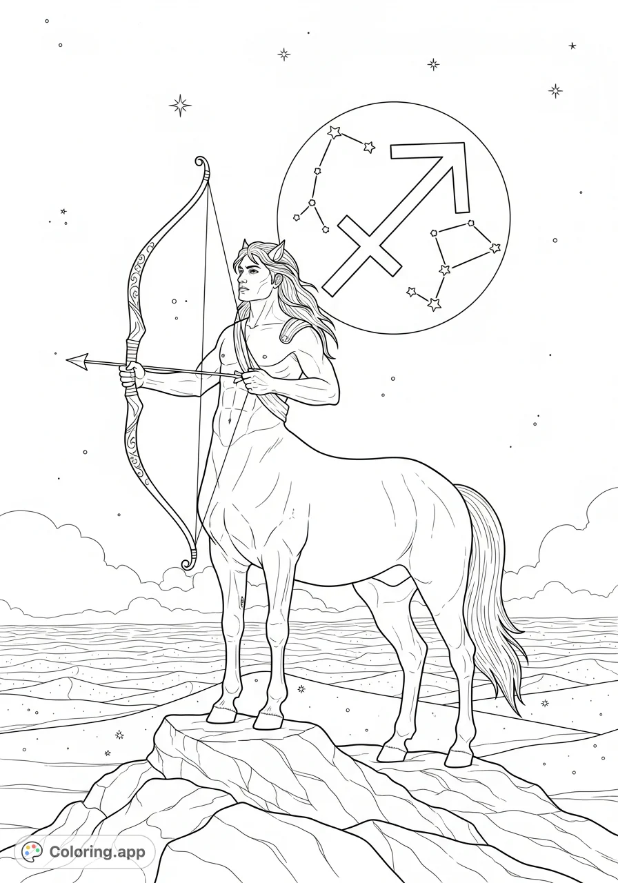 A majestic centaur stands on a rocky outcrop, gazing at a star-dusted desert and night sky, featuring the celestial Sagittarius symbol. A captivating fantasy coloring page.