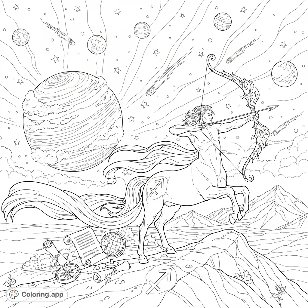 Embark on an epic coloring adventure with this Sagittarius coloring page. Featuring a noble centaur archer, celestial wonders, and symbols of wisdom.