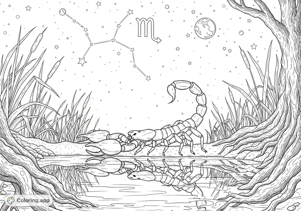 Discover a powerful scorpion at the edge of a moonlit pool, reflecting its form under the Scorpio constellation. A mysterious and detailed scene awaits.