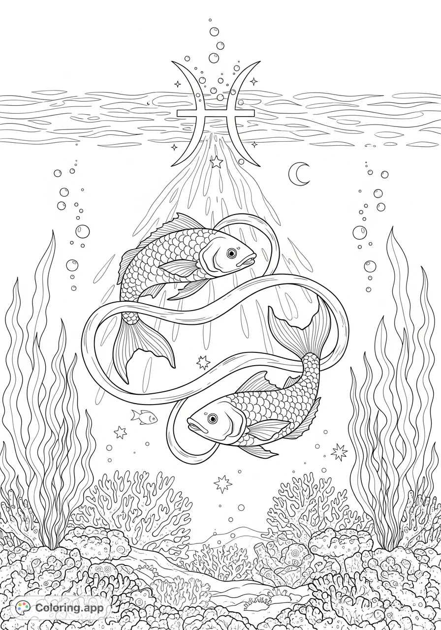 Dive into the serene world of two graceful Pisces fish, connected by a ribbon, surrounded by coral and kelp, with the '♓ Pisces' symbol above. A tranquil underwater scene awaits.