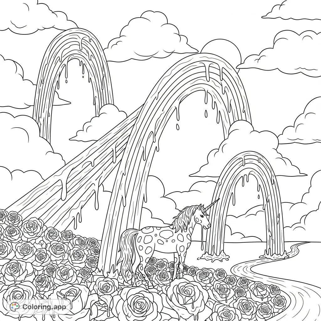A whimsical scene with a majestic unicorn in a patch of roses, beneath three melting rainbows, with a sun emerging from clouds and a gentle stream.