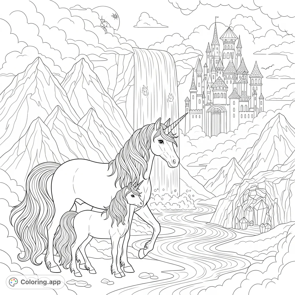 A magical unicorn family, mama and baby, near an enchanted sky castle with a grand waterfall and distant mountains. Perfect for fantasy fans!