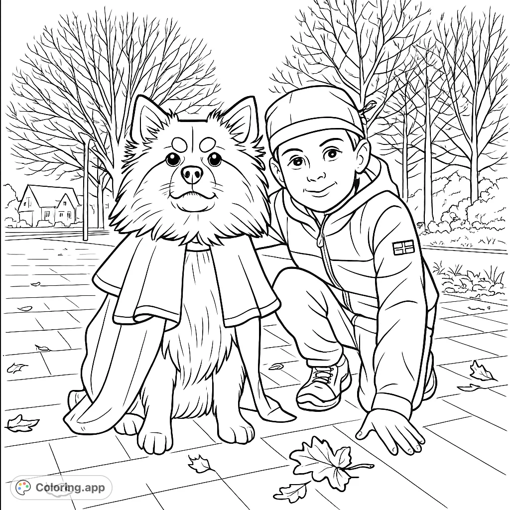 A heartwarming scene featuring a fluffy dog in a regal cape and a child in a feathered cap, crouching together on an outdoor path with fallen leaves.