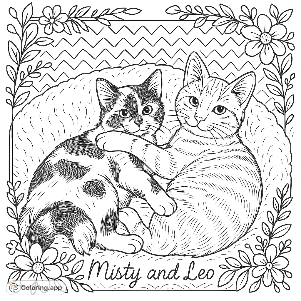 Discover a heartwarming kitten coloring page featuring two adorable feline friends snuggled in a soft bed. Enjoy adding playful patterns and whimsical details!