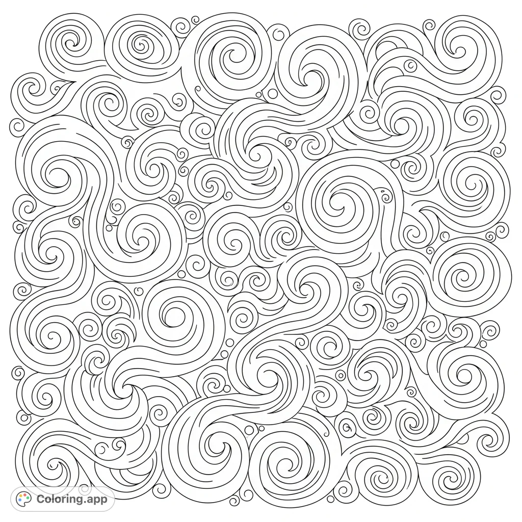 Immerse yourself in a captivating abstract coloring page featuring an intricate dance of flowing, twisted, and dynamic swirl patterns, inviting creative exploration.
