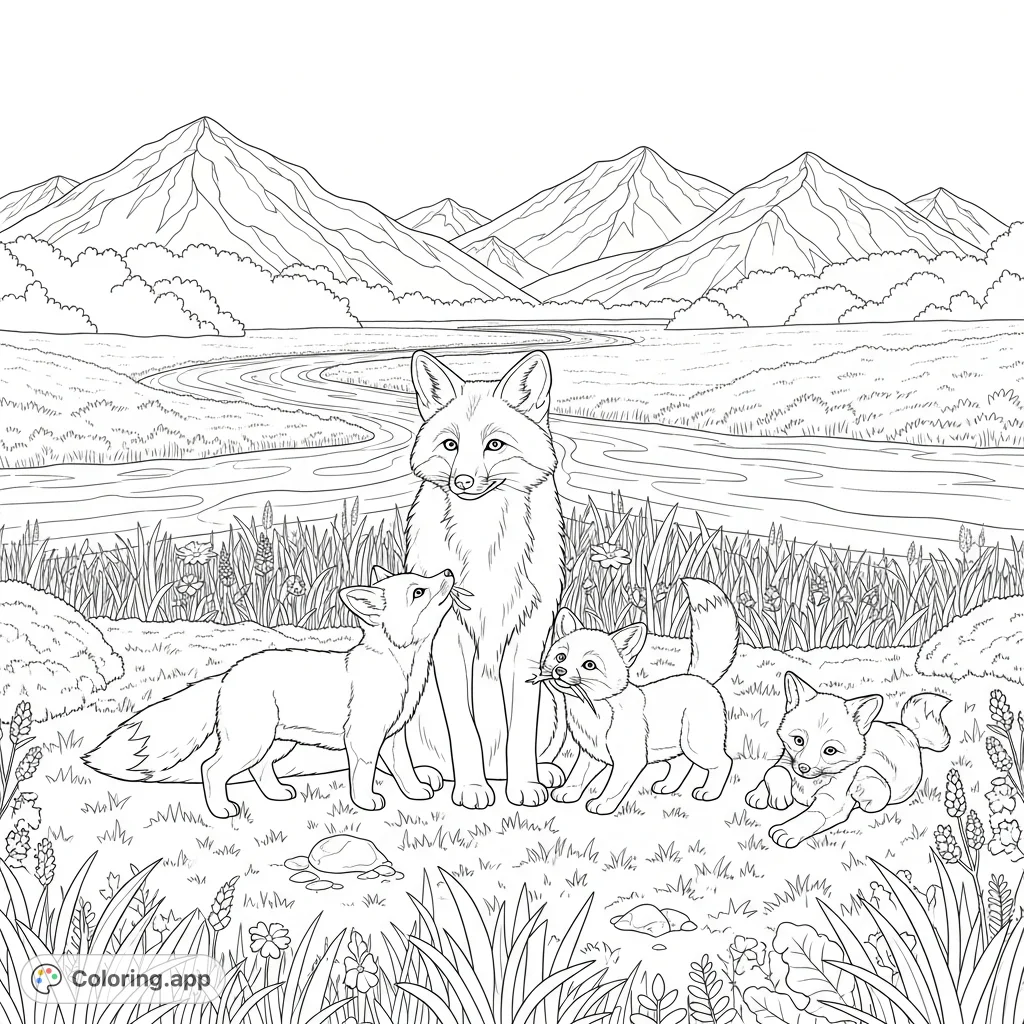 Discover a charming fox family in a vibrant meadow by a winding river with majestic snow-capped mountains. A delightful nature coloring page.