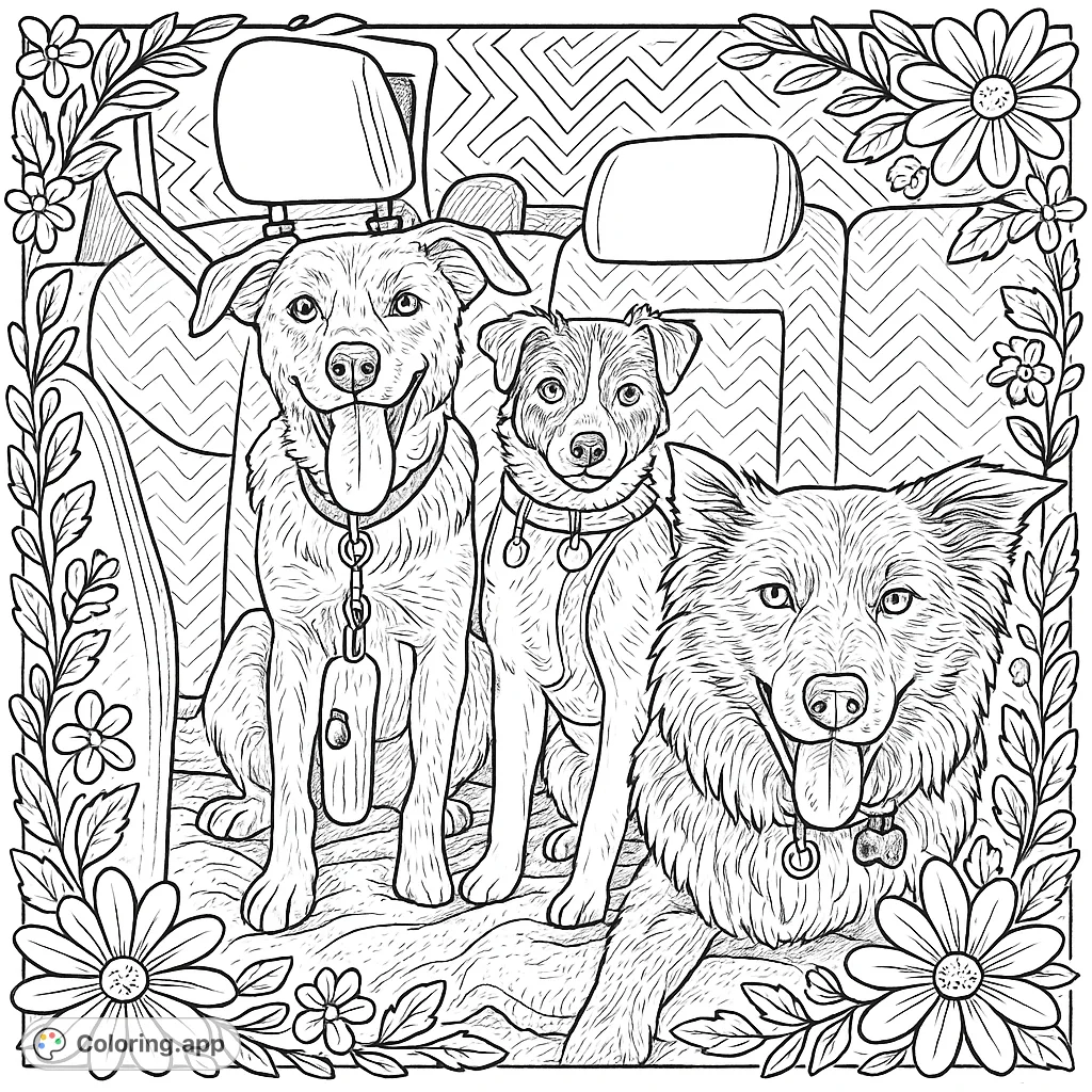 Embark on a playful journey with these three cheerful dogs in a car, surrounded by whimsical floral borders and a zigzag background. A delightful pet-themed coloring page!