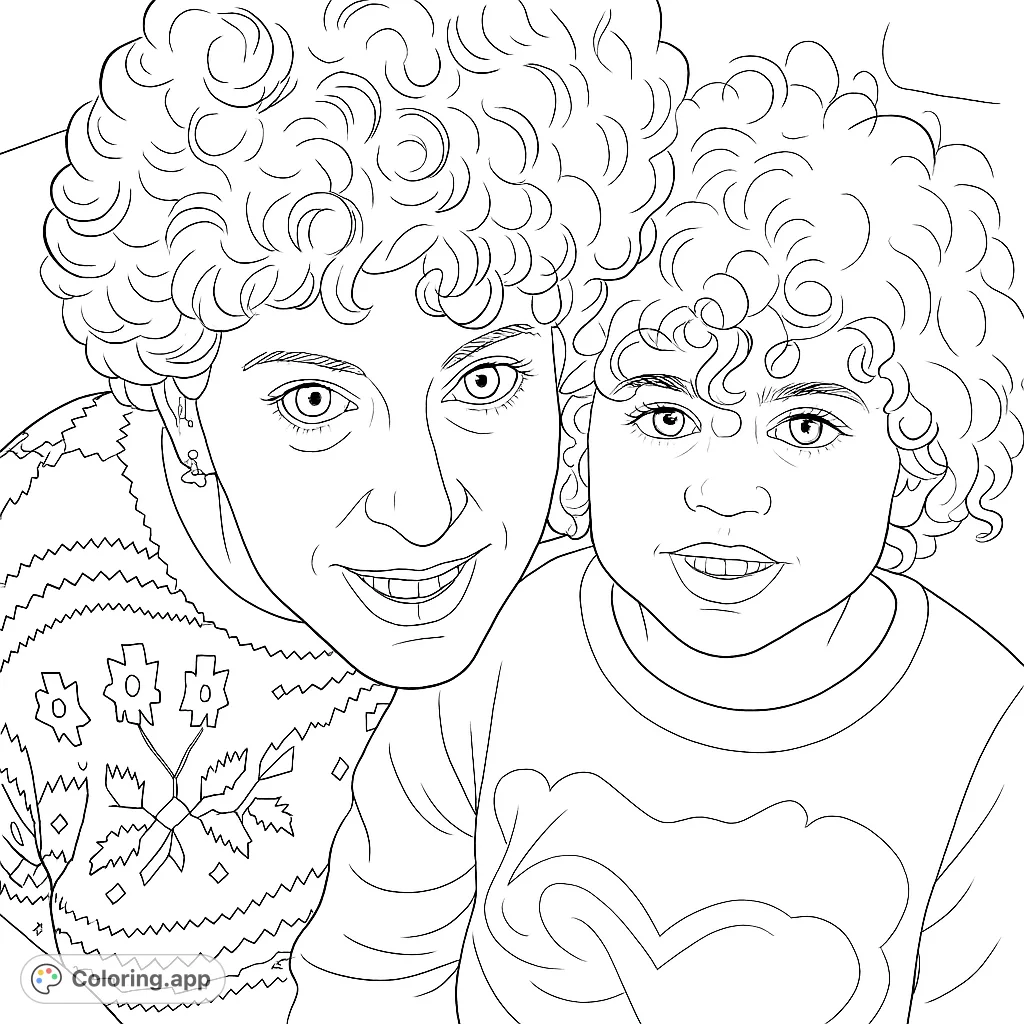 A heartwarming mother and child portrait, featuring two curly-haired individuals sharing a close moment. Perfect for a family coloring page, celebrating bonds.