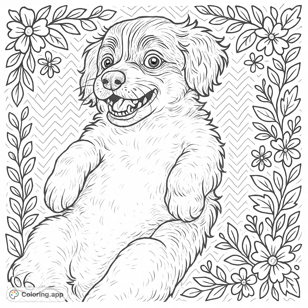 A whimsical and playful puppy on its back, eager for belly rubs, surrounded by decorative flowers and a zigzag background. A charming hand-drawn sketch!