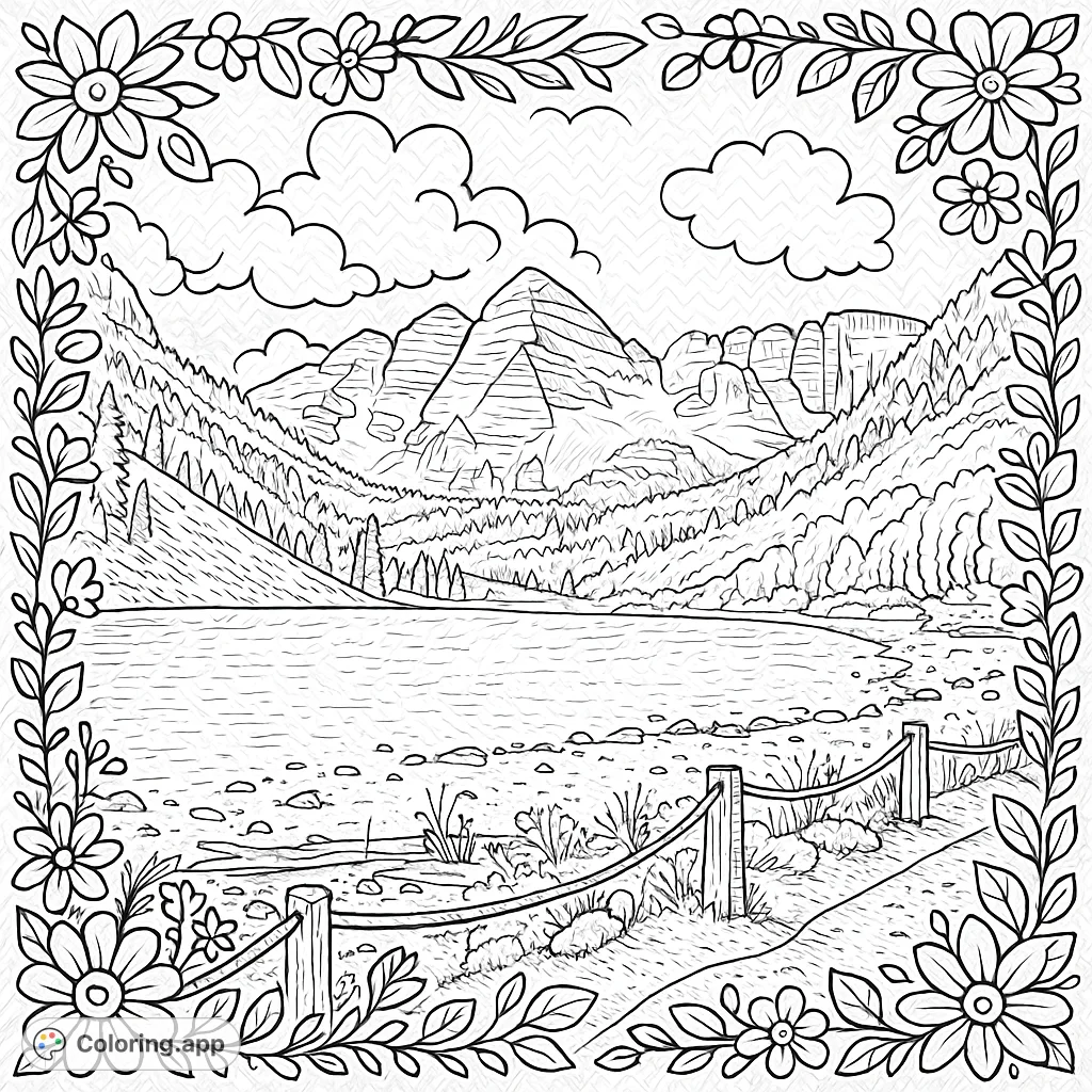 Immerse yourself in a serene mountain lake scene with towering peaks, dense forests, and a peaceful shoreline. This detailed landscape offers a whimsical escape for coloring.