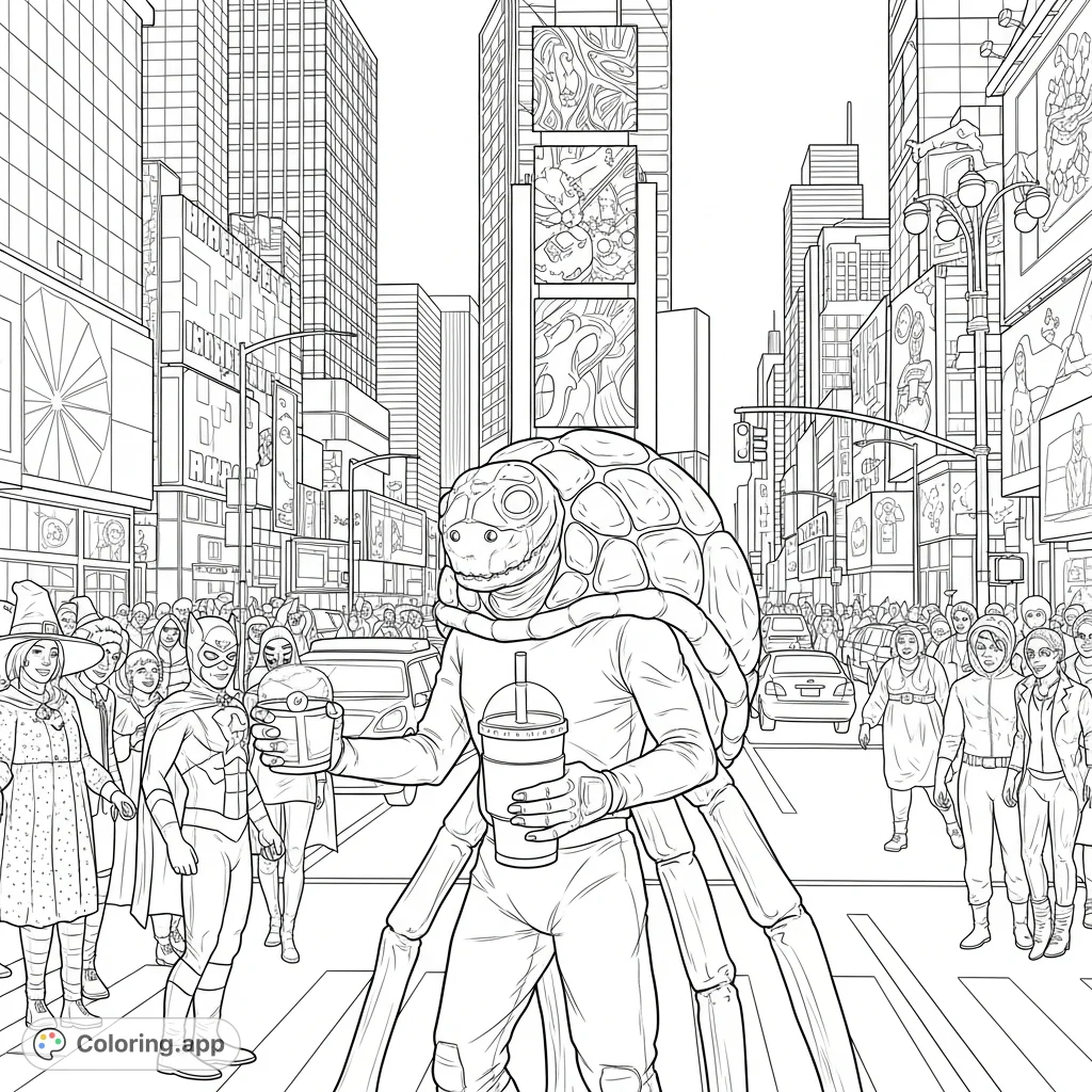 Discover a unique turtle-human enjoying coffee in Times Square, surrounded by Halloween costumed onlookers. A vibrant and detailed urban fantasy scene for creative coloring.