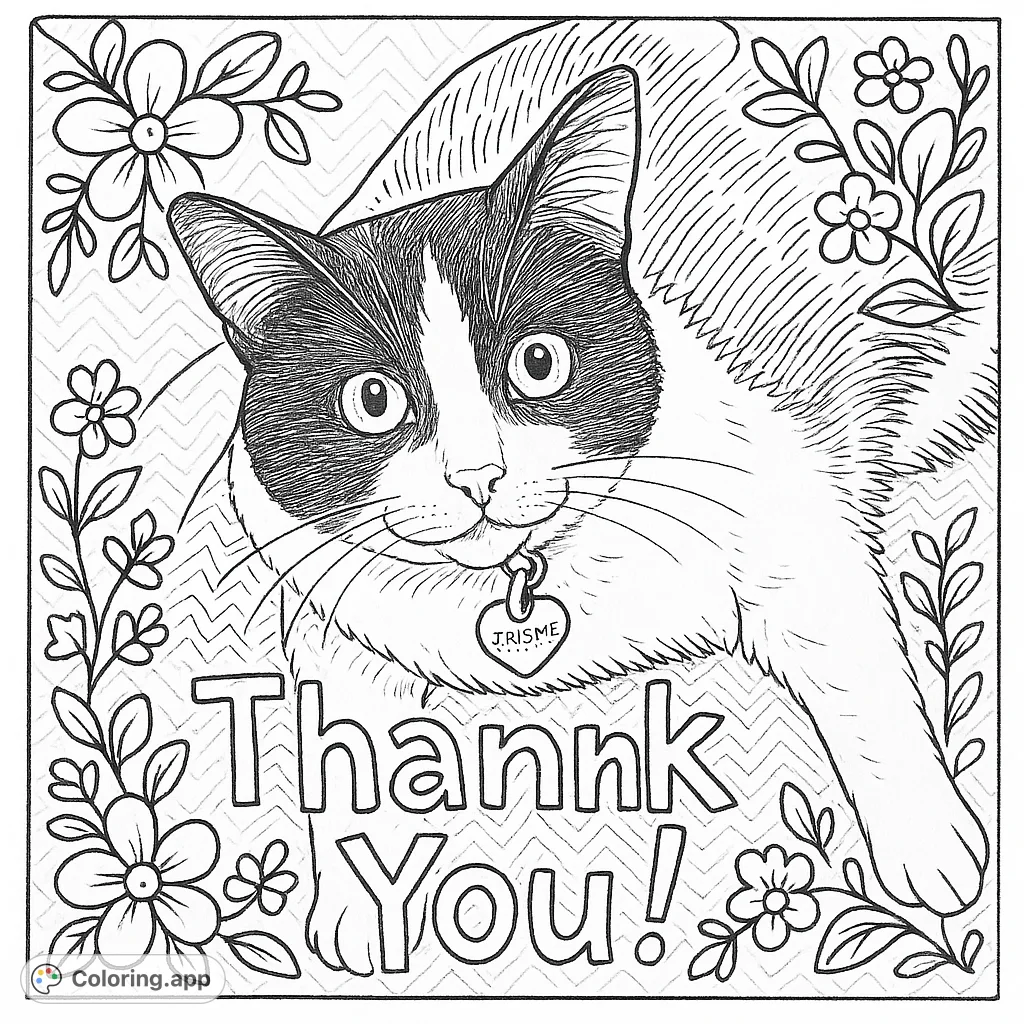 A playful cat with a heart-shaped tag, detailed with a hand-drawn sketch appearance and decorative borders. A charming free printable cat coloring page.