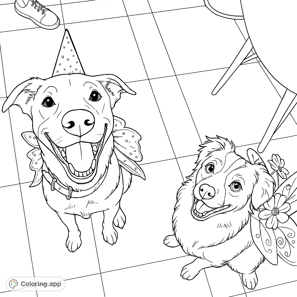 Two adorable dogs in whimsical party costumes, one with a festive hat and sheer wings, the other with floral-decorated wings. A joyful scene awaiting your creative touch.