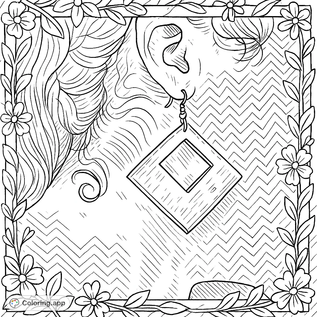 Unleash your creativity with this whimsical geometric earring coloring page, featuring intricate details, decorative borders, and a playful zigzag background.