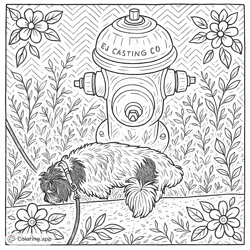 A whimsical coloring page featuring a fluffy dog sniffing curiously by a detailed fire hydrant, set against a background with zigzag patterns and decorative floral borders.