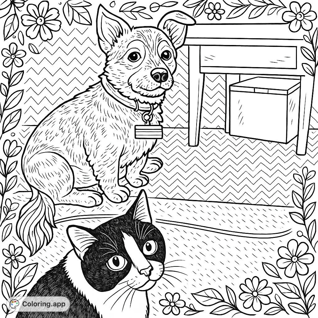 A whimsical pet friends coloring page, featuring a charming dog and an inquisitive cat surrounded by hand-drawn flowers, leaves, and a playful zigzag background.