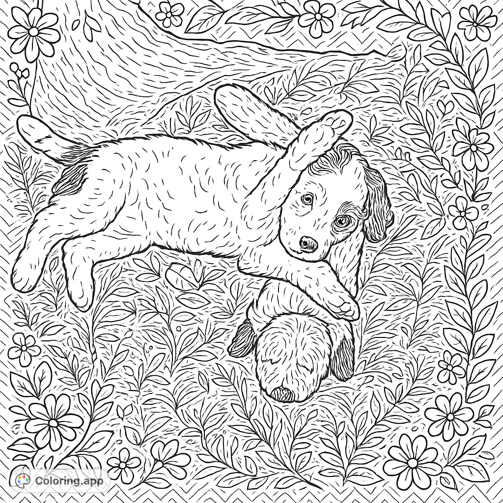 A whimsical puppy coloring page featuring a fluffy pup playfully lounging with its favorite plush toy amidst a detailed background with decorative borders.