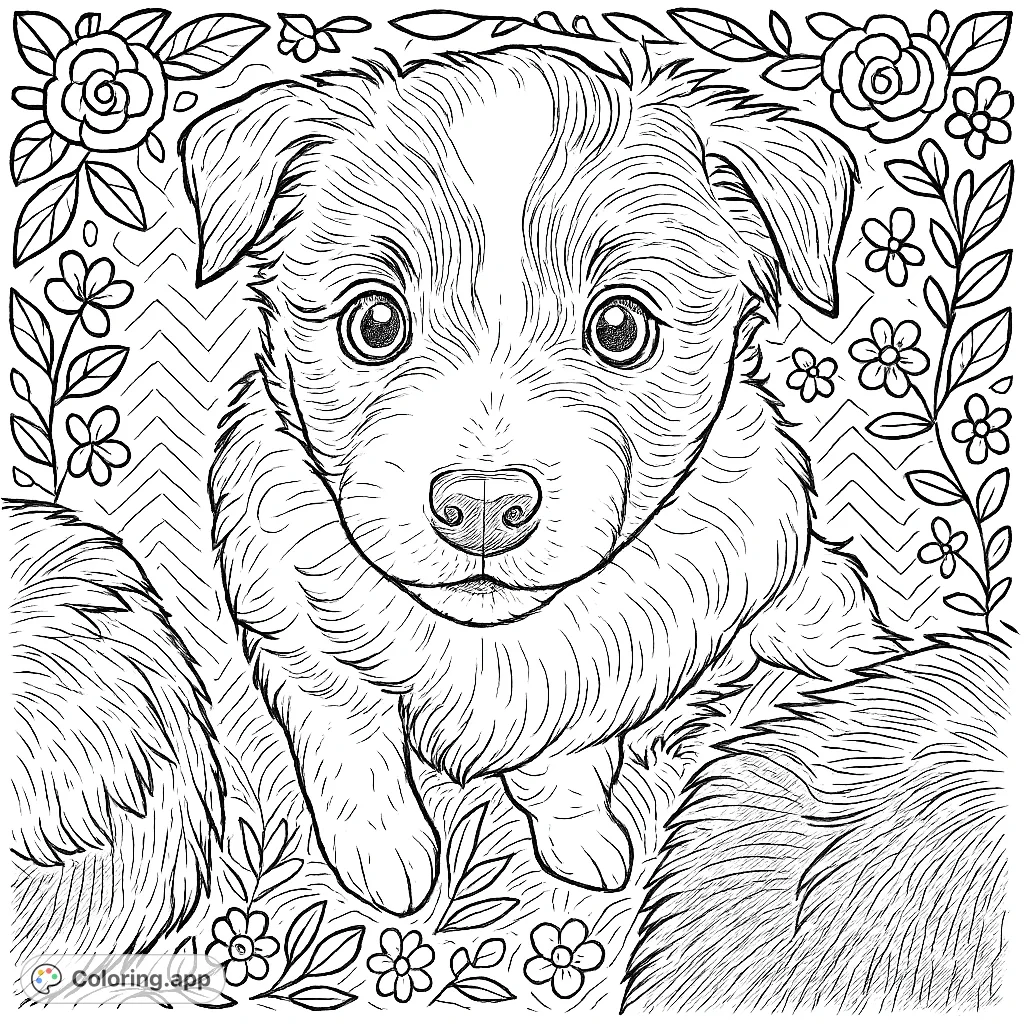 Capture the whimsical charm of a playful puppy with expressive eyes and a hand-drawn sketch appearance, surrounded by decorative flowers and a zigzag background.