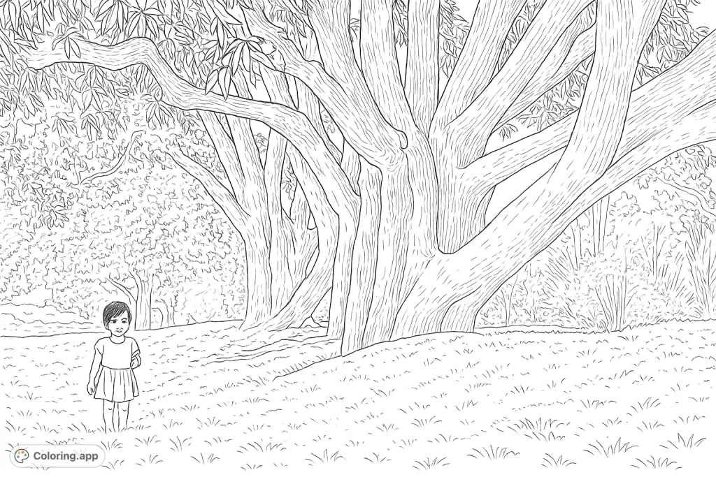 Discover a serene nature coloring page featuring a child beneath majestic, sprawling trees in a grassy landscape. Perfect for nature lovers and young adventurers.