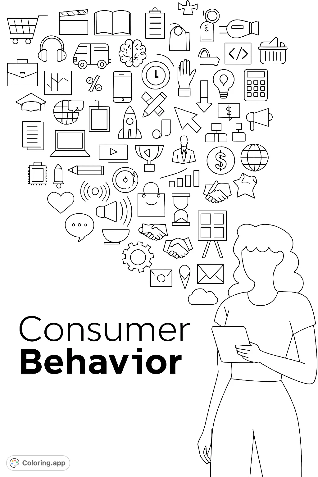 Explore consumer behavior with a detailed coloring page featuring a person interacting with a thought cloud of diverse icons representing commerce, tech, and finance.