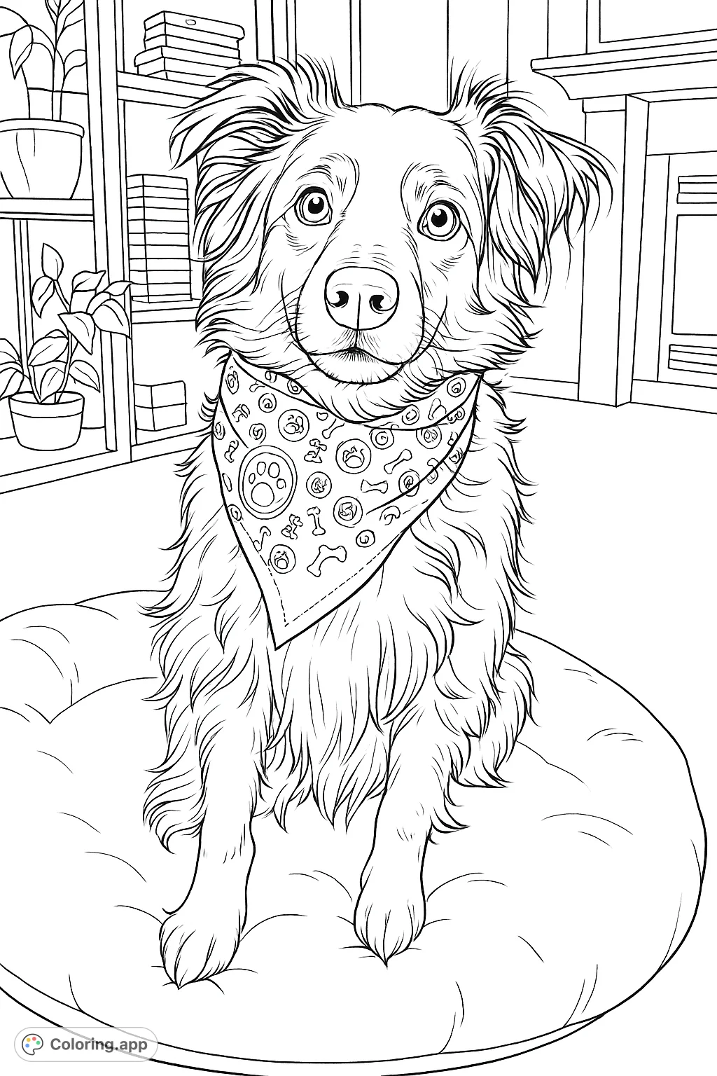A charming dog sits attentively on a cozy bed, adorned with a fun patterned bandana, ready for a creative coloring adventure. Perfect for pet lovers!