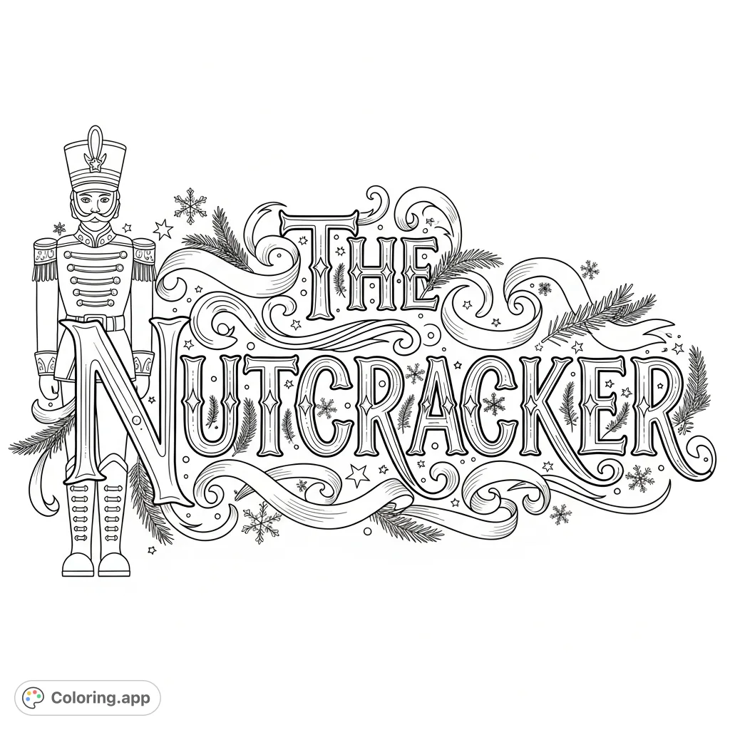 A delightful Nutcracker coloring page featuring the classic title in an ornate, festive font with snowflakes, stars, and a charming Nutcracker figure.