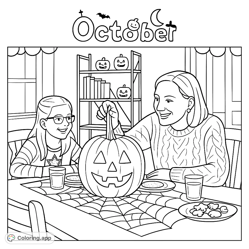 Join a heartwarming Halloween scene with a woman and girl carving a pumpkin. Features a detailed jack-o'-lantern, spiderweb runner, and festive decor.