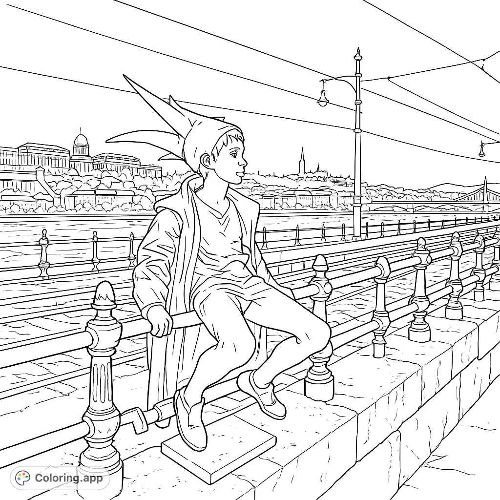 Discover this whimsical boy statue overlooking a bustling city and river. A delightful scene for all ages, offering intricate details from the character to the distant cityscape.