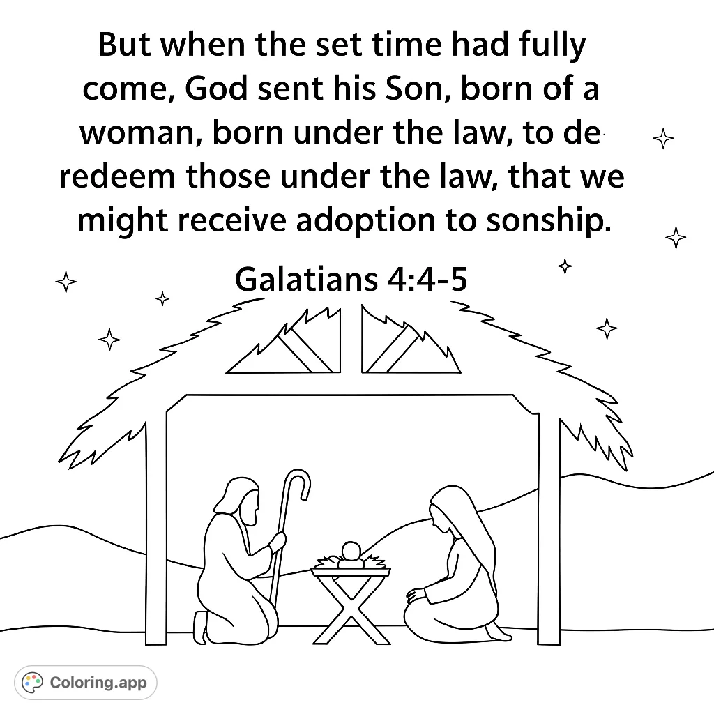 A serene nativity scene featuring Joseph, Mary, and the infant in a humble manger, set against rolling hills and a starry night sky. Perfect for peaceful coloring.