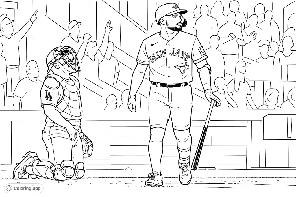 A dynamic baseball scene featuring a player with bat and a catcher in full gear on the field. Perfect for sports fans to color, capturing the intensity of the game.